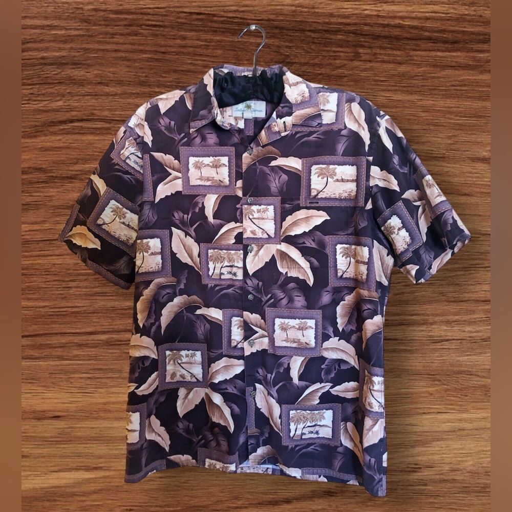 Island Shores Hawaiian Shirt With Purple and Brown Print Size M